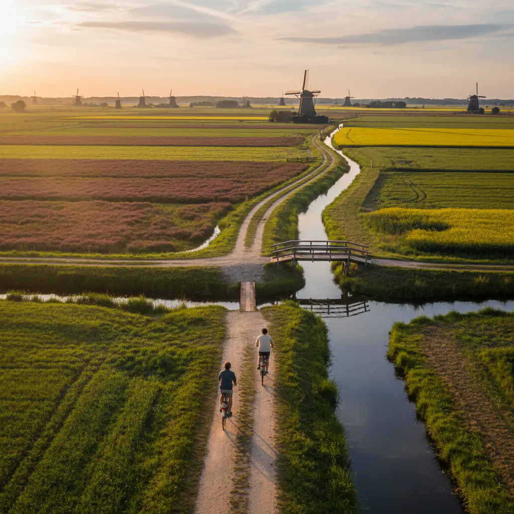 Fietsers in het uitgestrekte Hollandse landschap