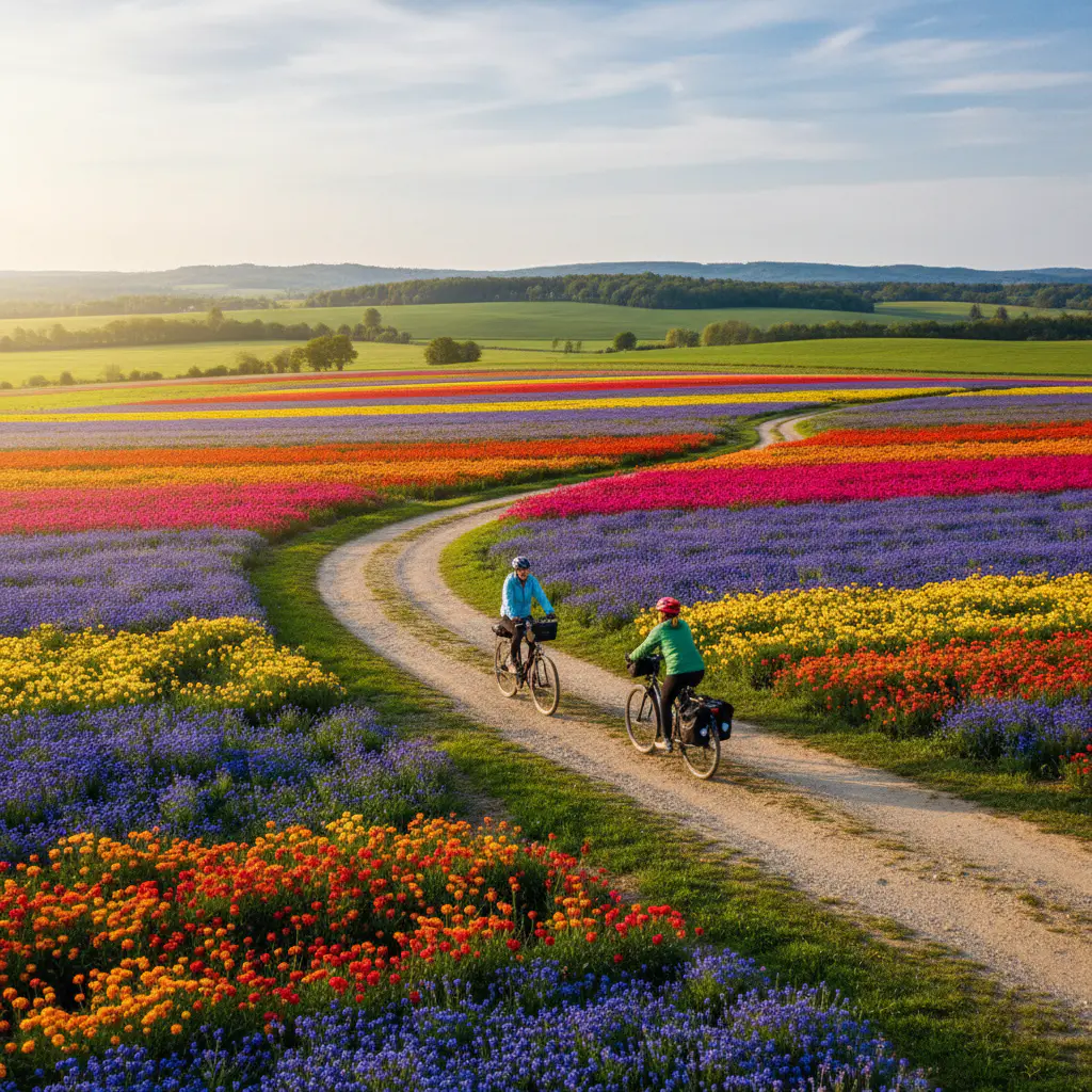 Fietsers op een pad langs felgekleurde bloemenvelden en groene weiden