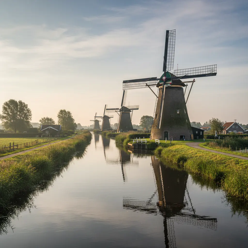 Rij historische windmolens bij Kinderdijk