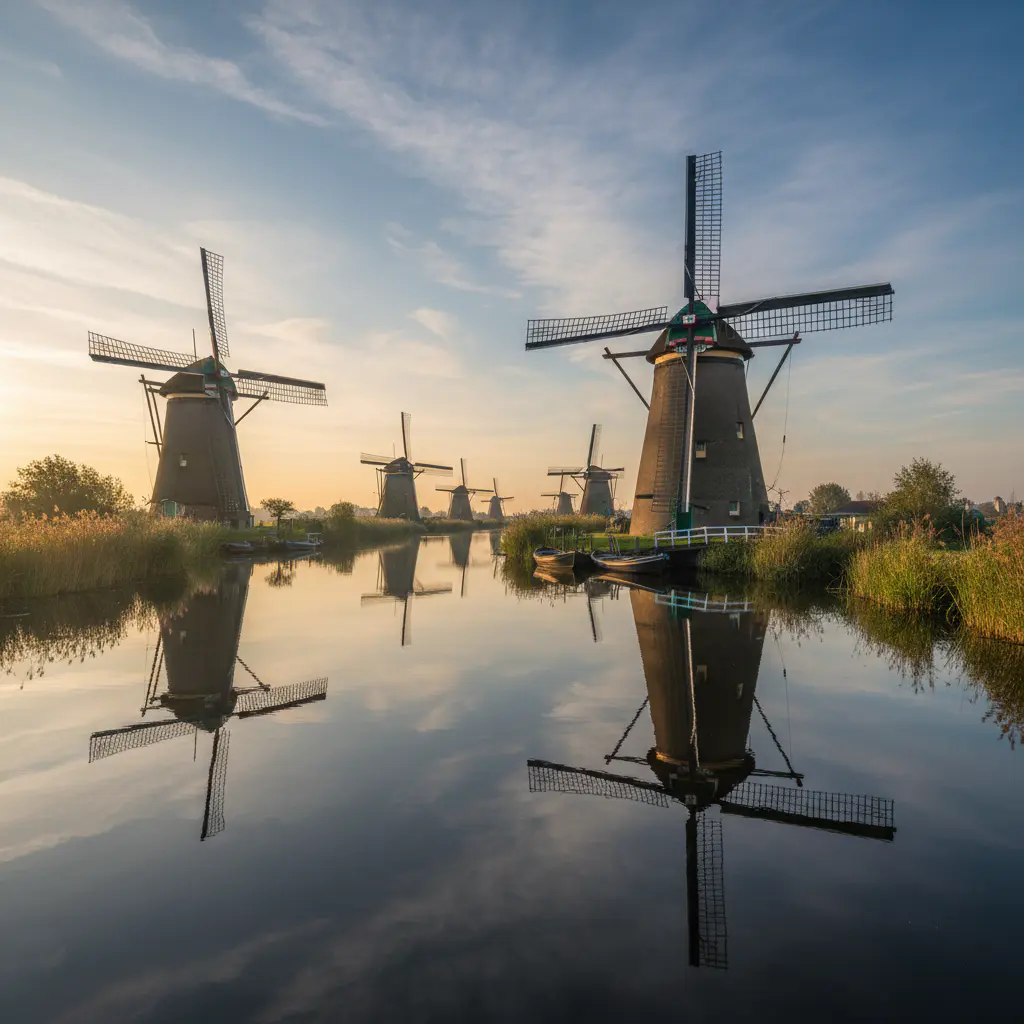 Historische windmolens van Kinderdijk weerspiegeld in het water