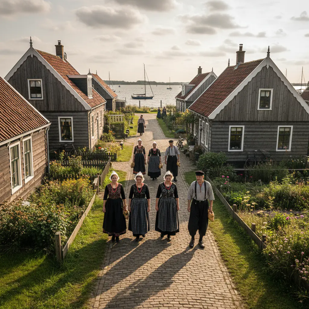 Mensen in traditionele Nederlandse klederdracht in Marken