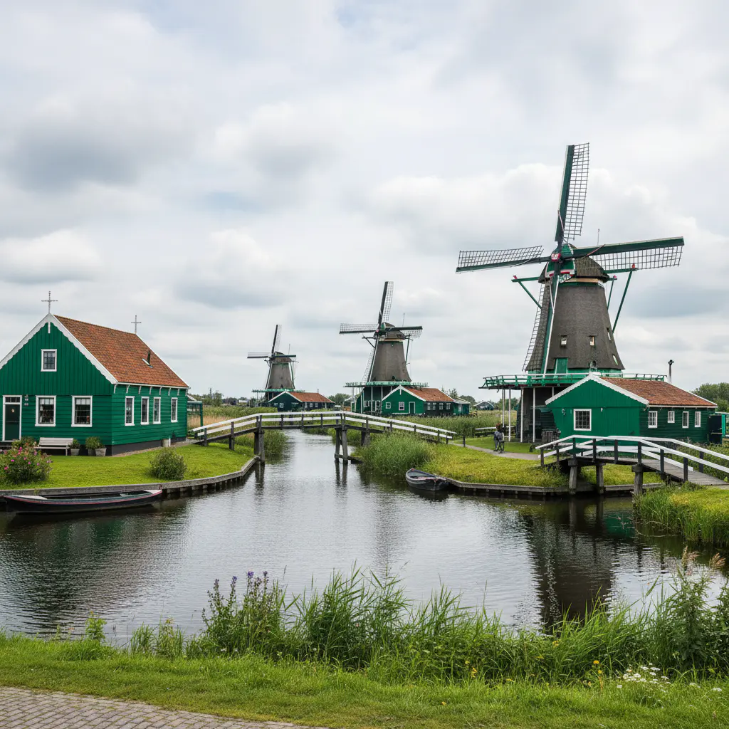 Groene houten huizen en molens bij Zaanse Schans